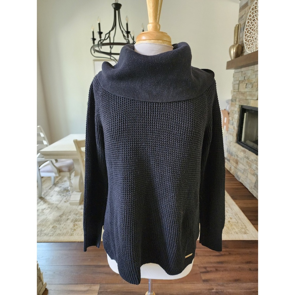 Michael Kors Womens Black Cowl Neck Waffle Knit Sweater Size Medium Cotton Blend